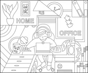 Drawing of man working in home office