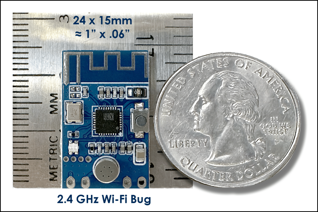 2.4 GHz Bug Wi-Fi Transmitter Front w Quarter Ruler