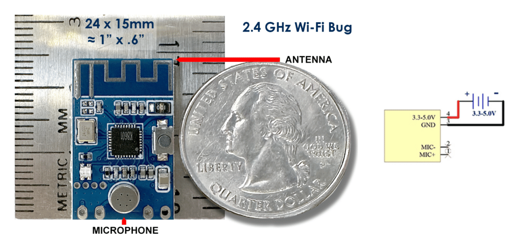 2.4 GHz Wi-Fi Transmitter size near a quarter and a ruler.